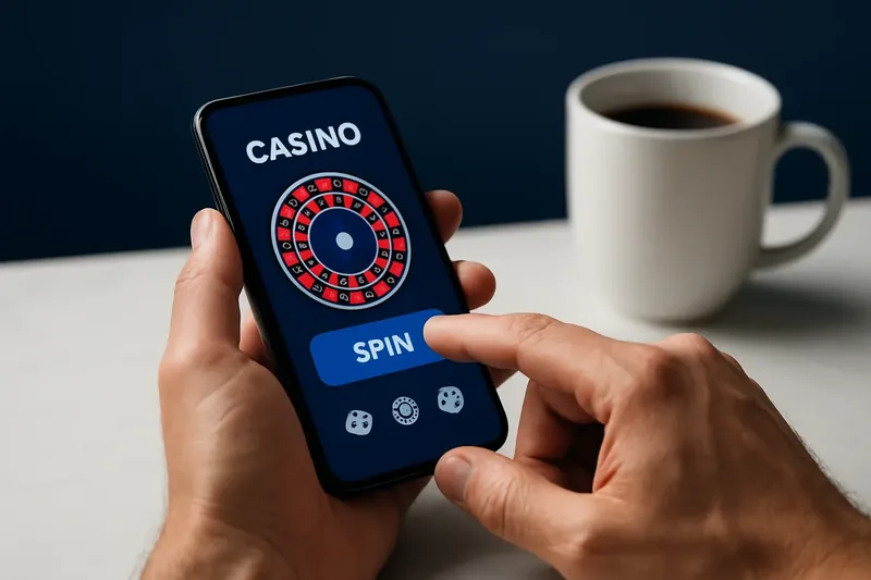 Man's hands tapping a mobile casino interface on phone
