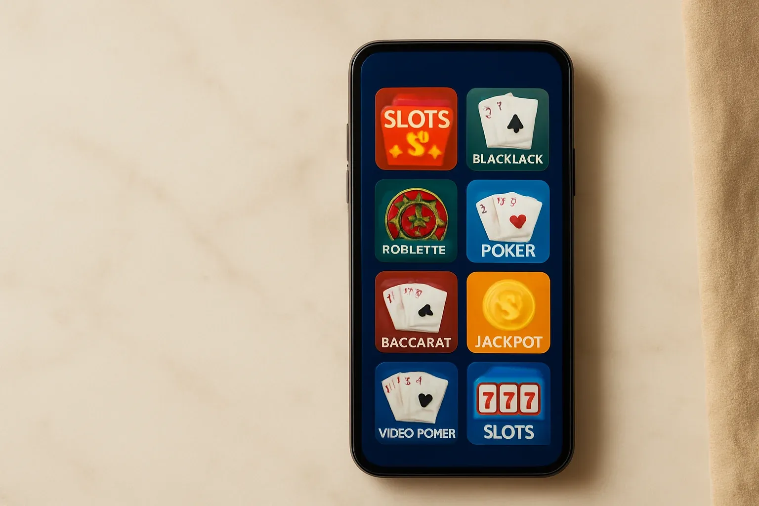 Smartphone on white marble showing bright casino game selection grid