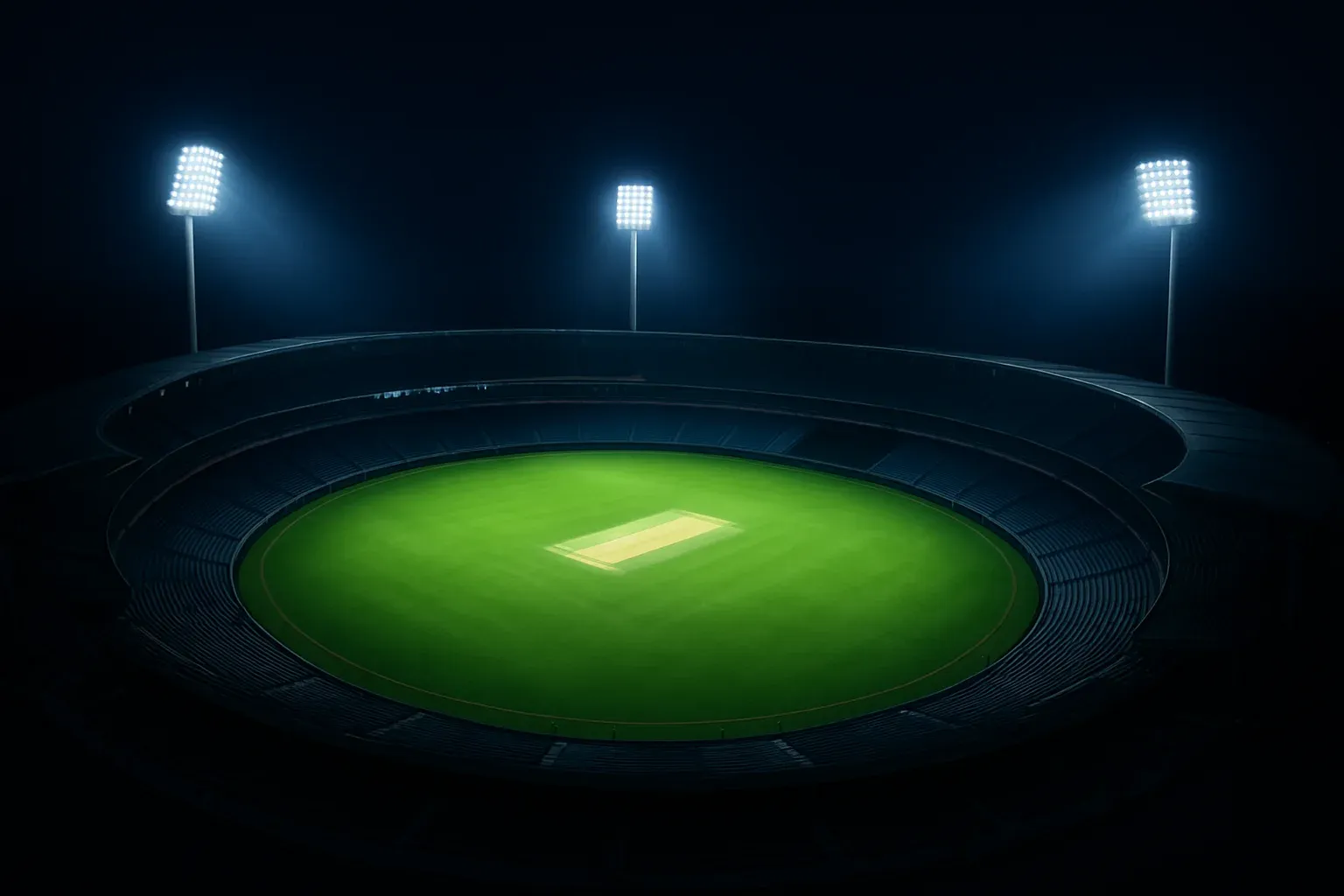 Aerial view of cricket stadium at night with bright floodlights