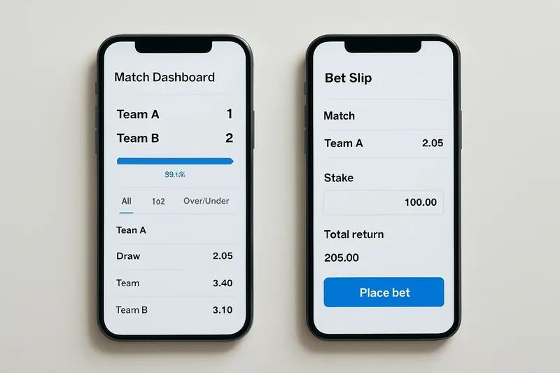 Two smartphones showing match dashboard and bet slip on cream surface