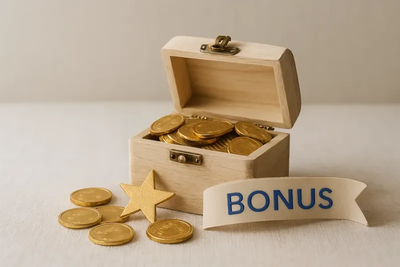 Open treasure box with gold coins, star badge and bonus ribbon