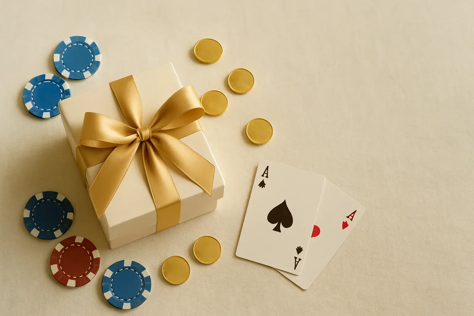 Premium gift box with casino chips, cards, and gold coins