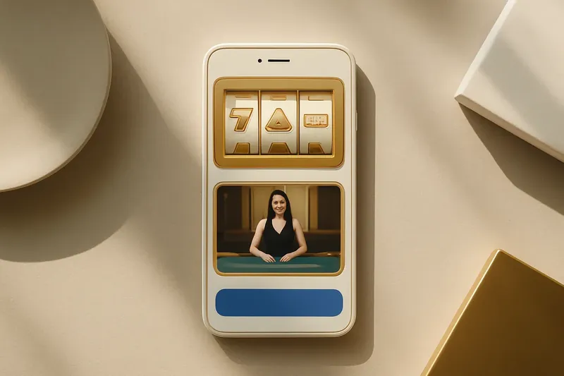 Mobile phone displaying casino app with slots and live games