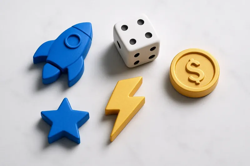 Five 3D instant game symbols on white marble flat lay