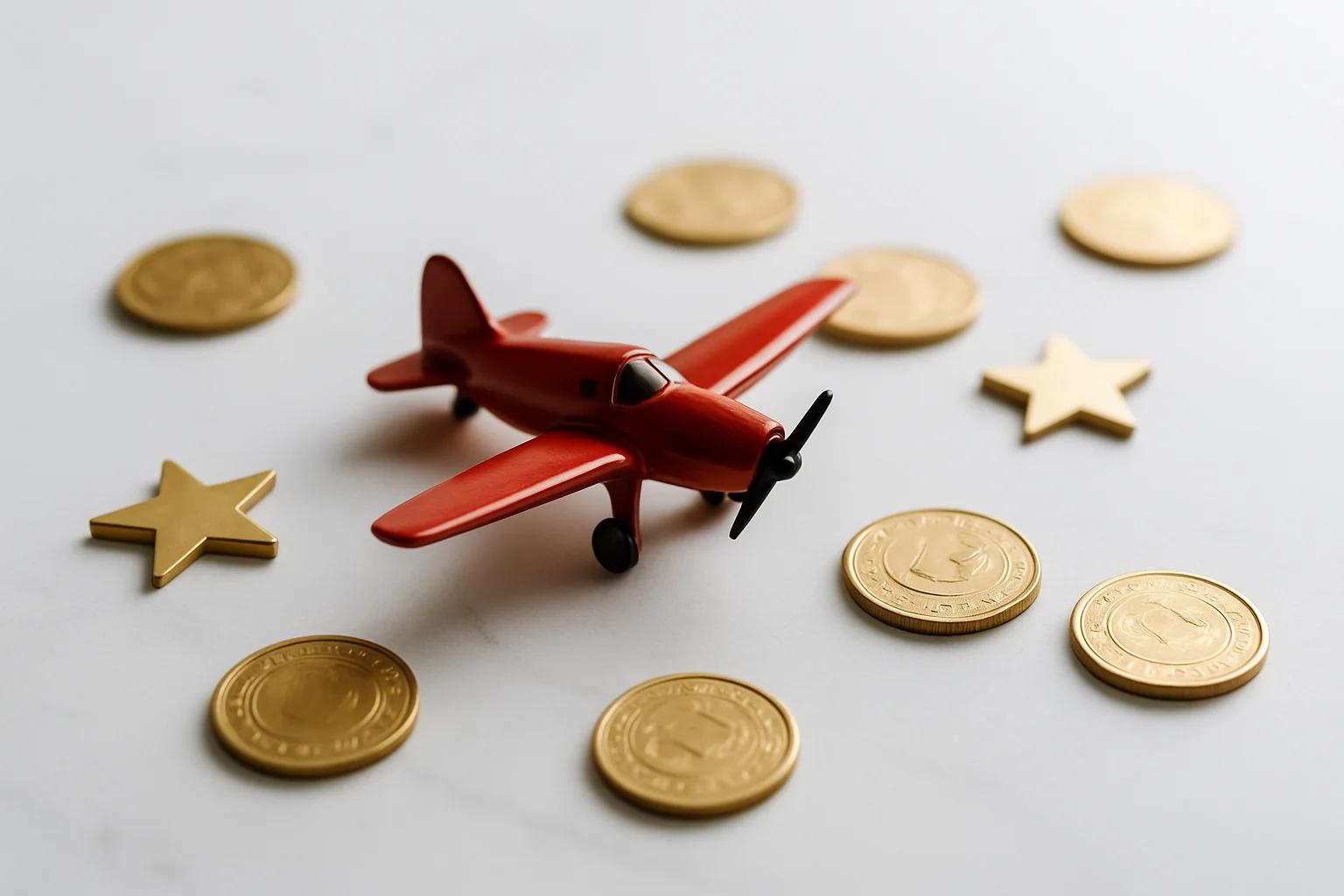 Miniature red airplane with gold coins and star tokens on marble
