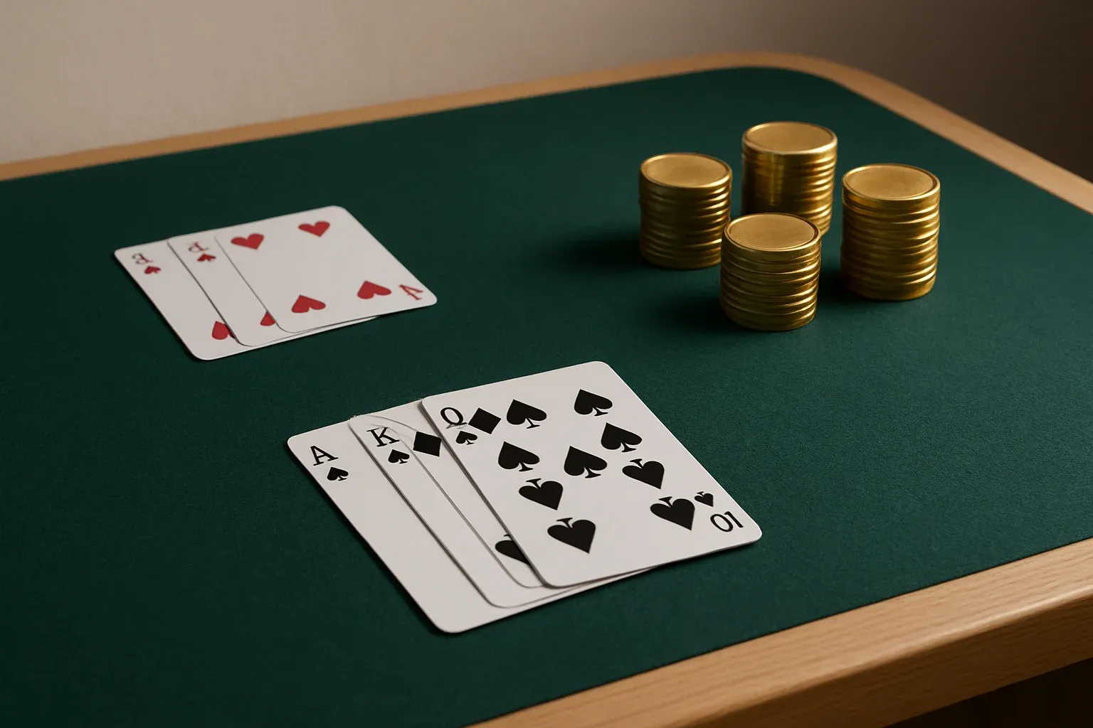 Green felt casino table with arranged cards and stacked gold chips