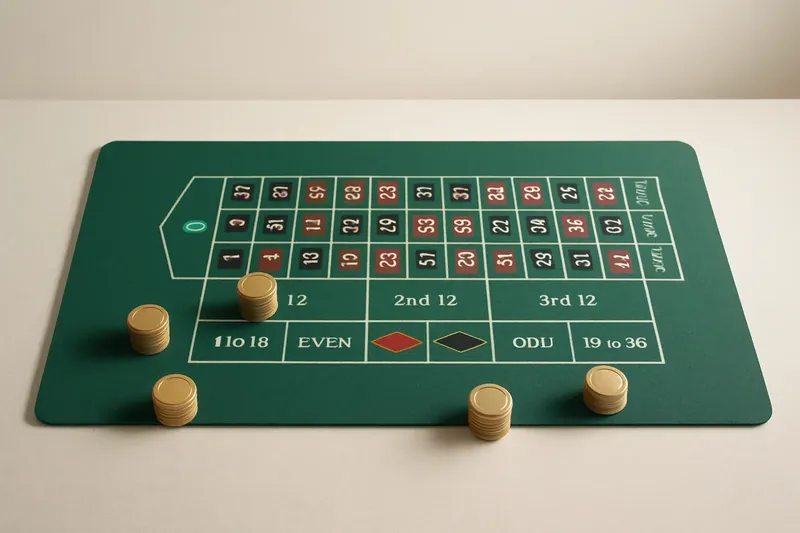 Top-down roulette table with green felt grid and gold chips