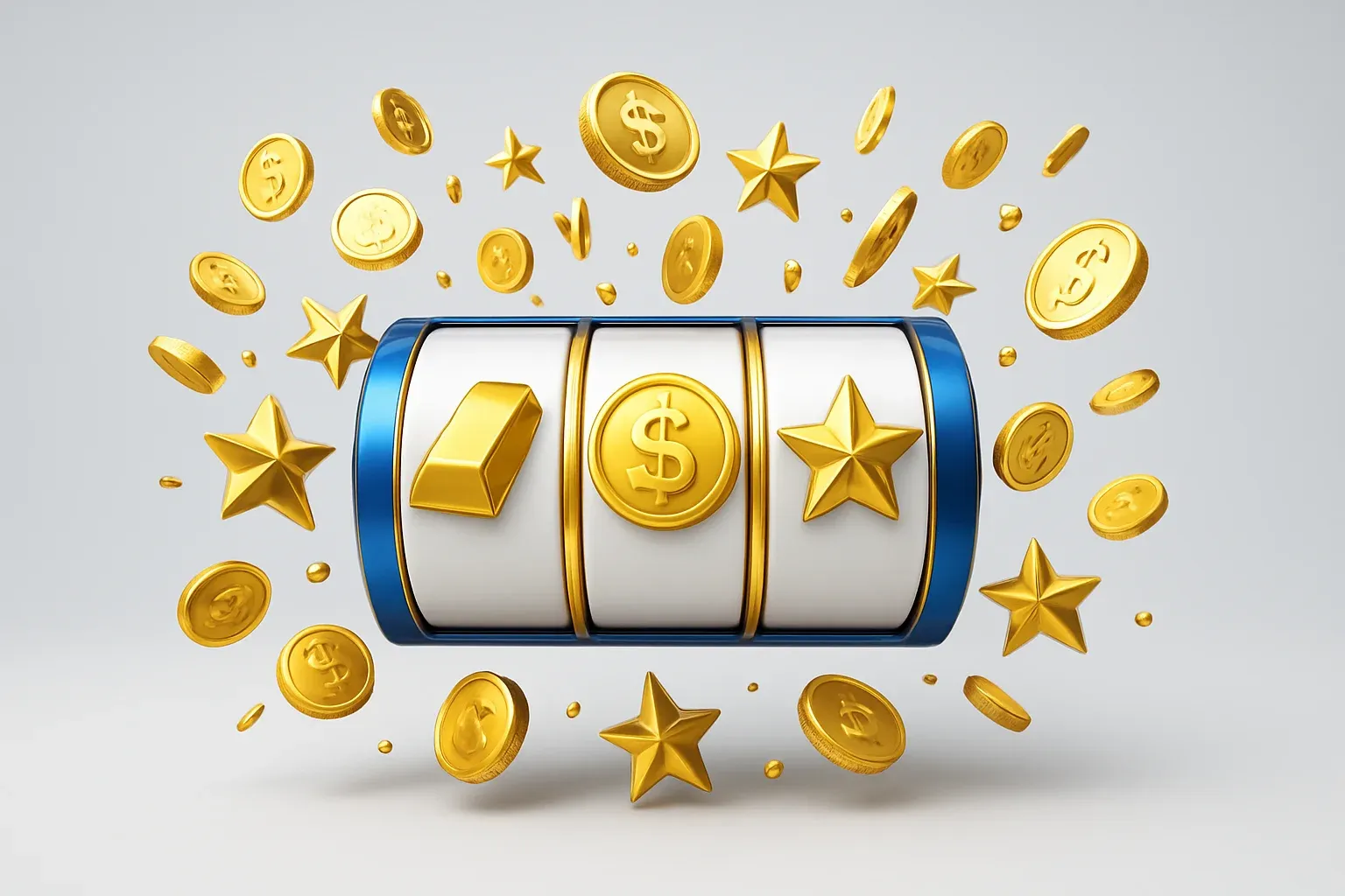 Colorful slot machine reels with gold symbols, coins, and exploding stars